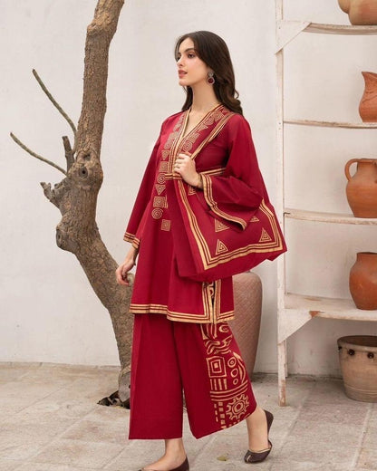 Stitched Linen Printed Suit - 3 Pc's