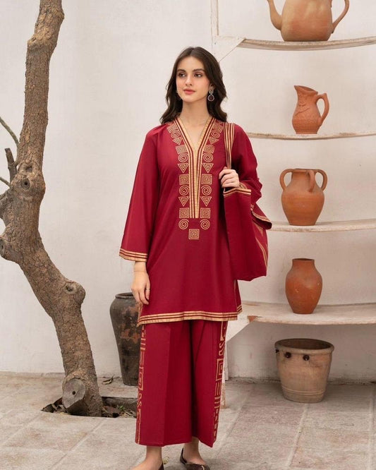 Stitched Linen Printed Suit - 3 Pc's