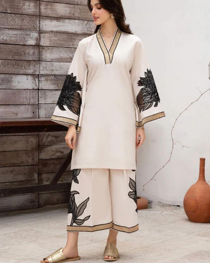 Women's Stitched Linen Embroided Shirt And Trouser - 2 Pc's