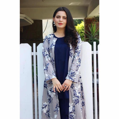 Stitched Woman's Silk Printed Suit - 3 Pc's